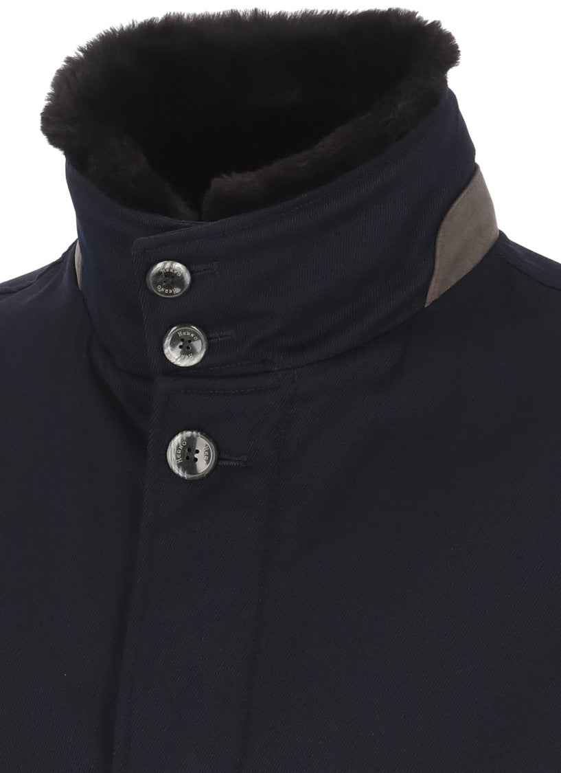 Herno Structured Blue Virgin Wool Coat With Plush Fur Collar