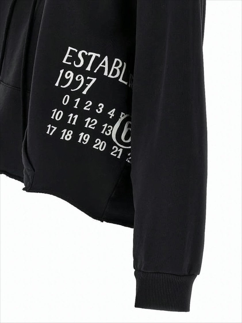Mm6 By Maison Margiela Cropped Black Hoodie With Printed Details