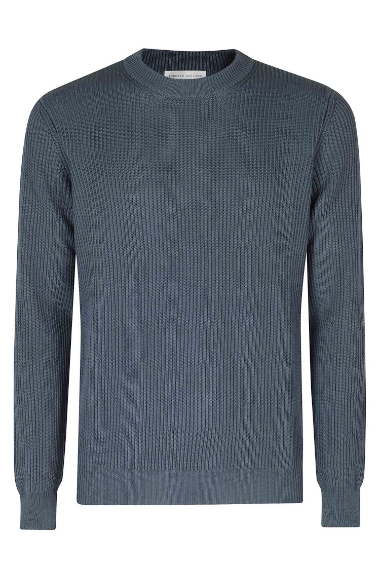 Roberto Collina Blue Ribbed Crew-Neck Merino Wool Sweater