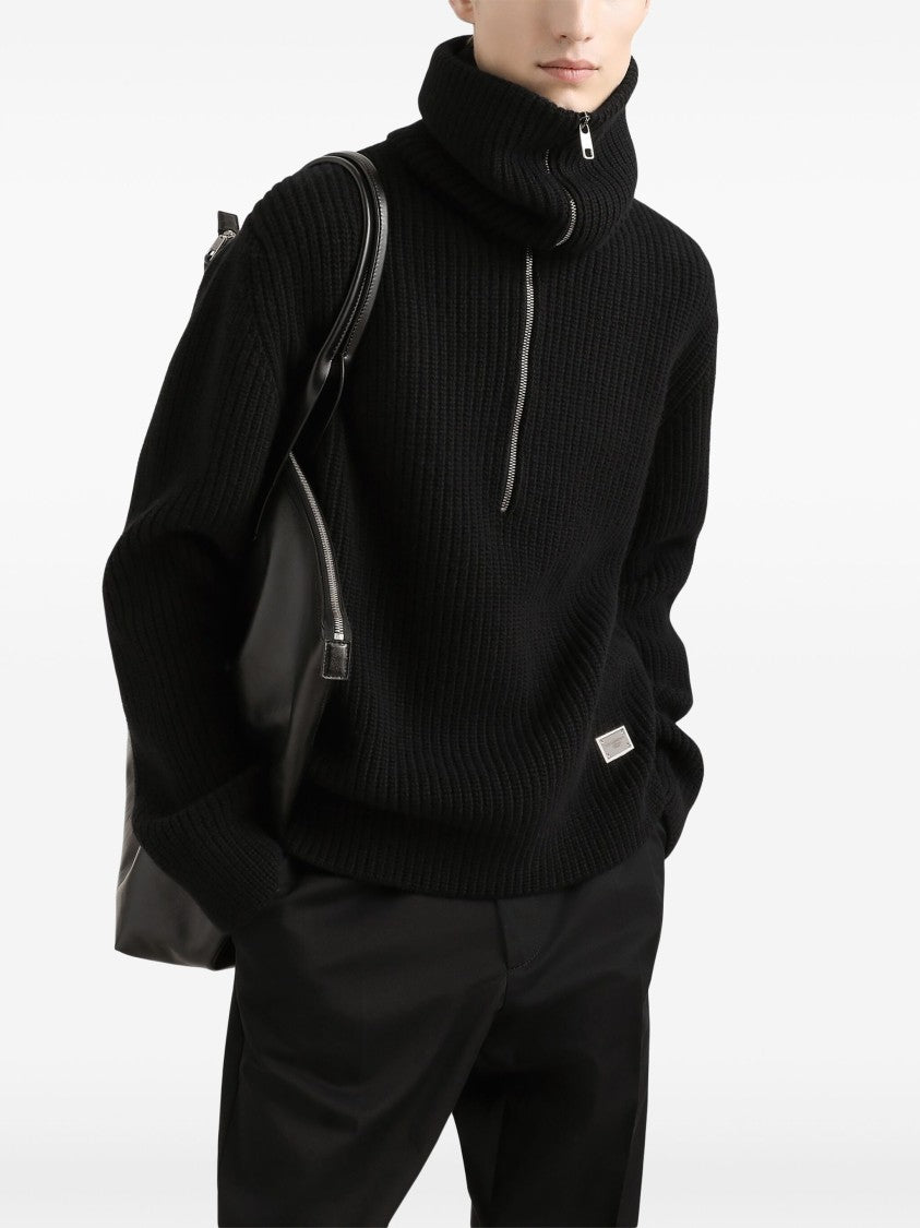 Dolce & Gabbana Black Ribbed Knit Half-Zip Wool Pullover