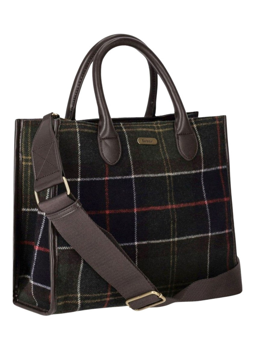 Barbour Checked Tote Bag With Leather Accents And Detachable Strap