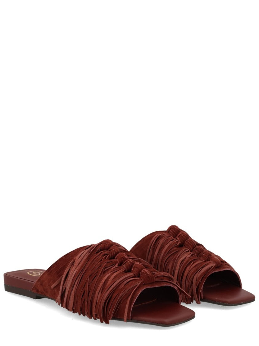 Ash Deep Reddish-Brown Brigitte Knotted Fringes Mules