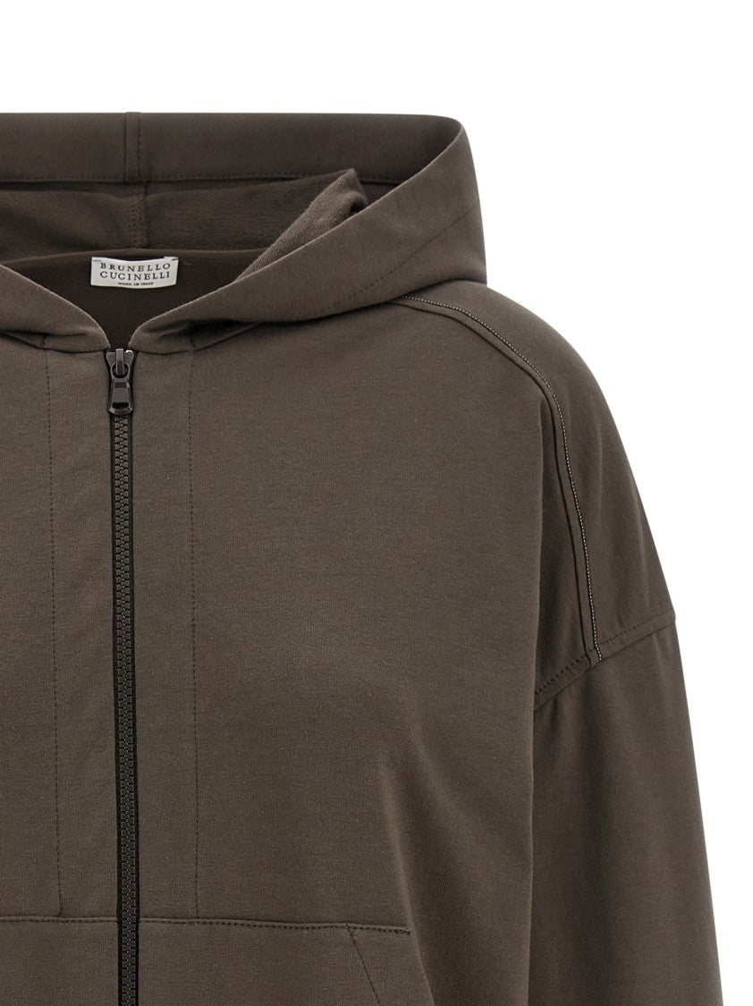 Brunello Cucinelli Brushed Cotton Hoodie With Monile Detail And Front Zip Closure