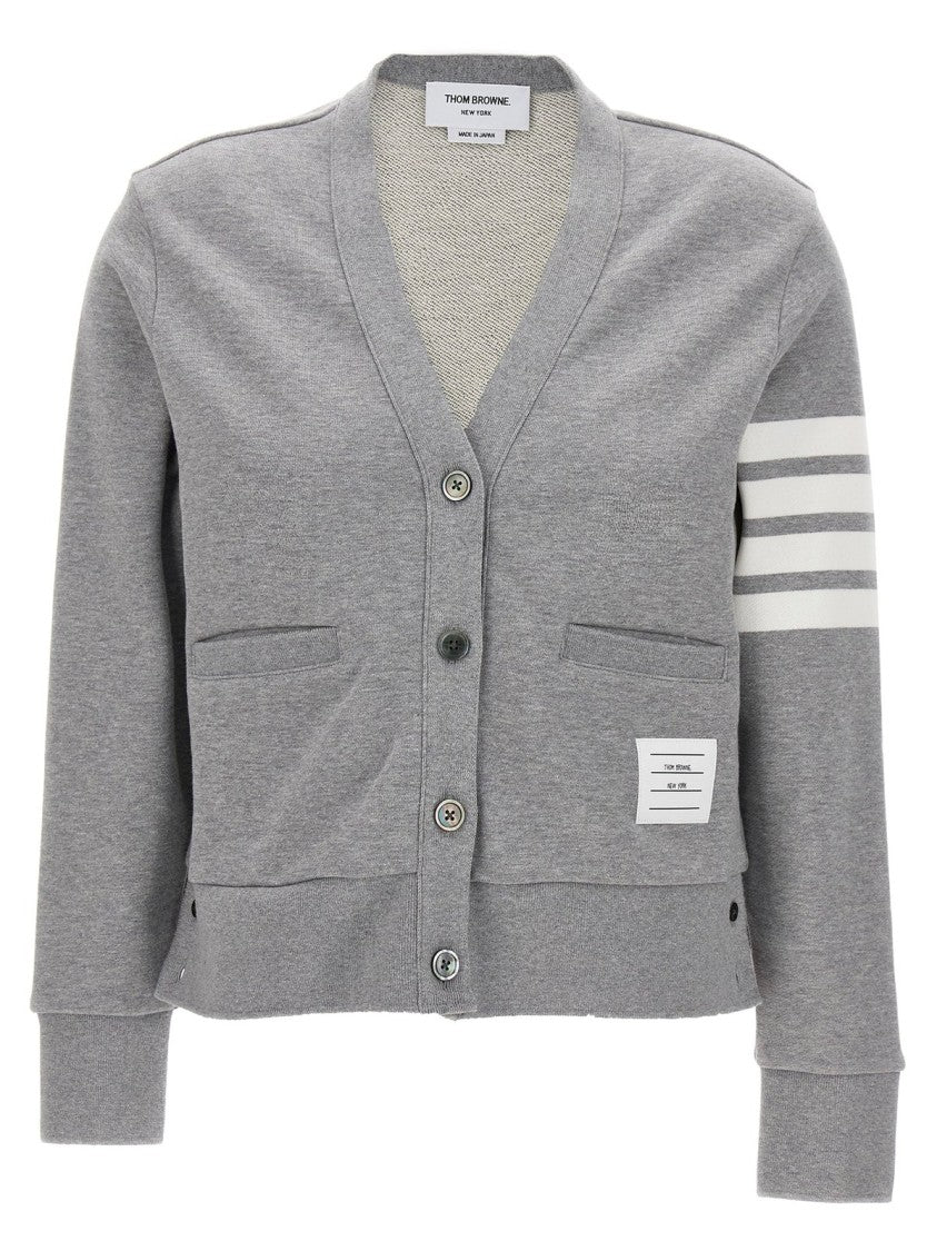 Thom Browne V-Neck Button-Down Grey Cardigan With Signature Stripes