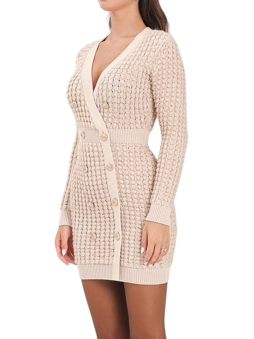 Elisabetta Franchi Textured Knit Fitted Dress With Double-Breasted Button Front