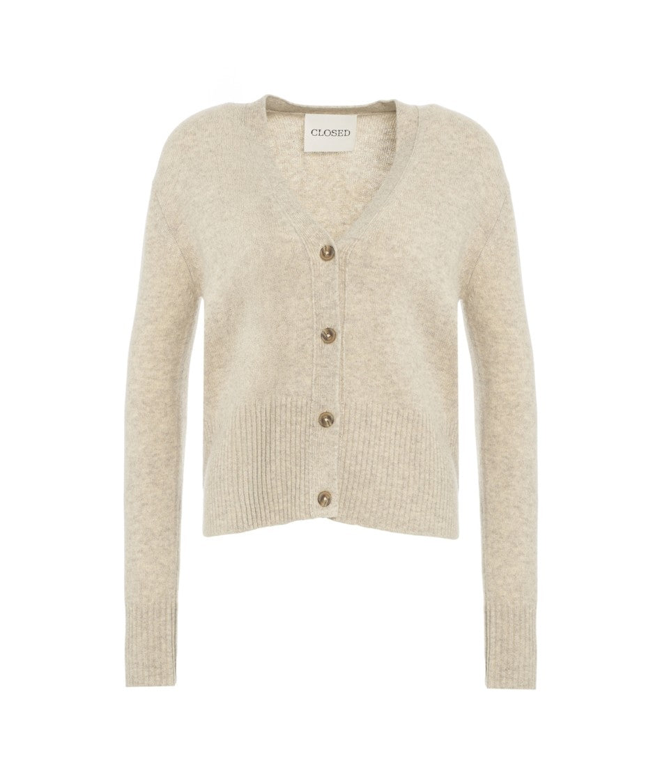 Closed Beige V-Neck Button Cardigan With Ribbed Detailing