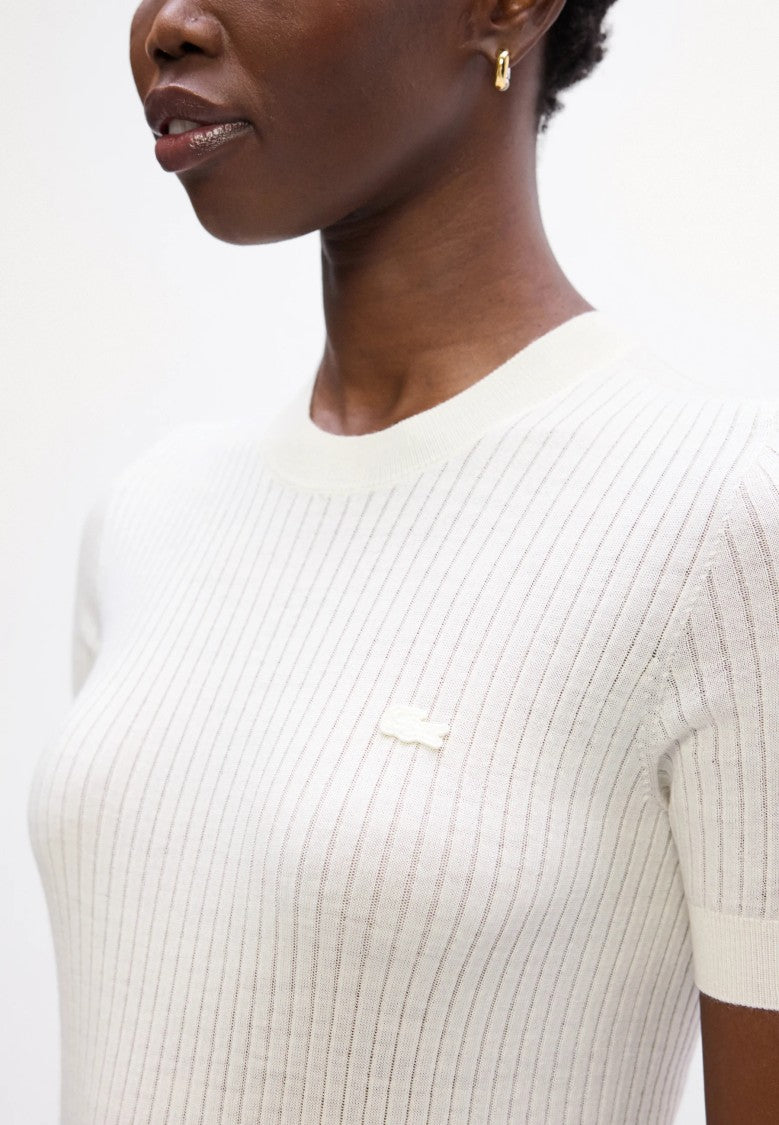 Lacoste White Short Sleeve Ribbed Knit Top