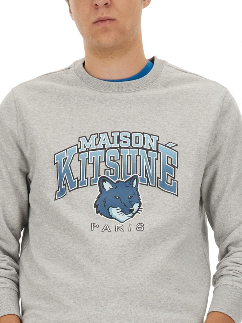 Maison Kitsuné Logo-Embellished Grey Sweatshirt With Classic Crew Neckline