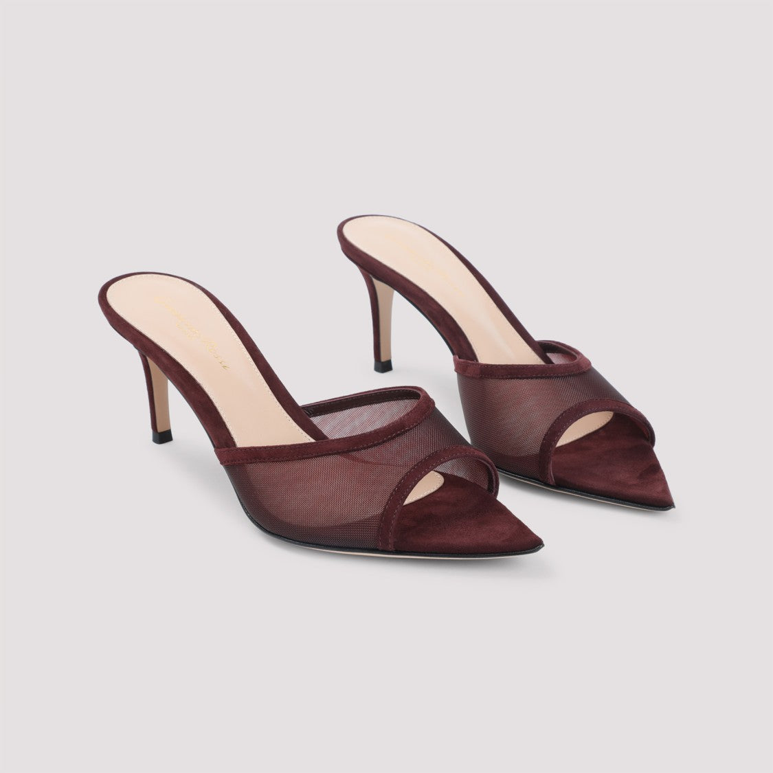 Gianvito Rossi Burgundy Suede Slippers With Transparent Mesh Overlay