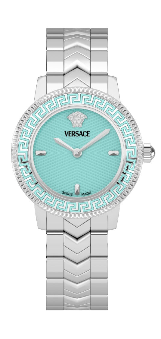 Versace Quartz Watch With Turquoise Dial And Greek Key Motif