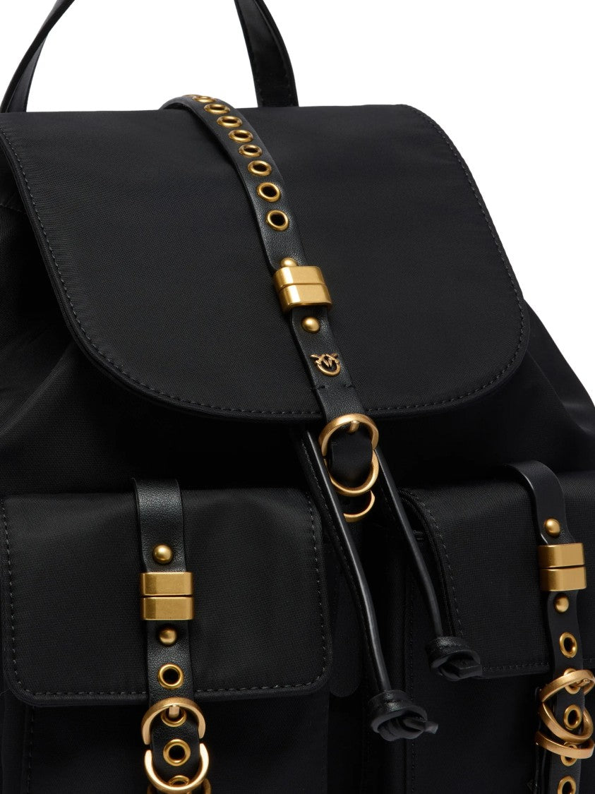 Pinko Black Backpack Decorative Flap Gold-Accent Backpack