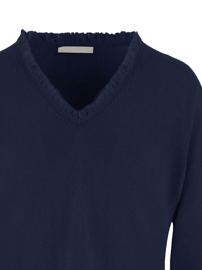 Allude Navy V-Neck Wool And Cashmere Knit Sweater