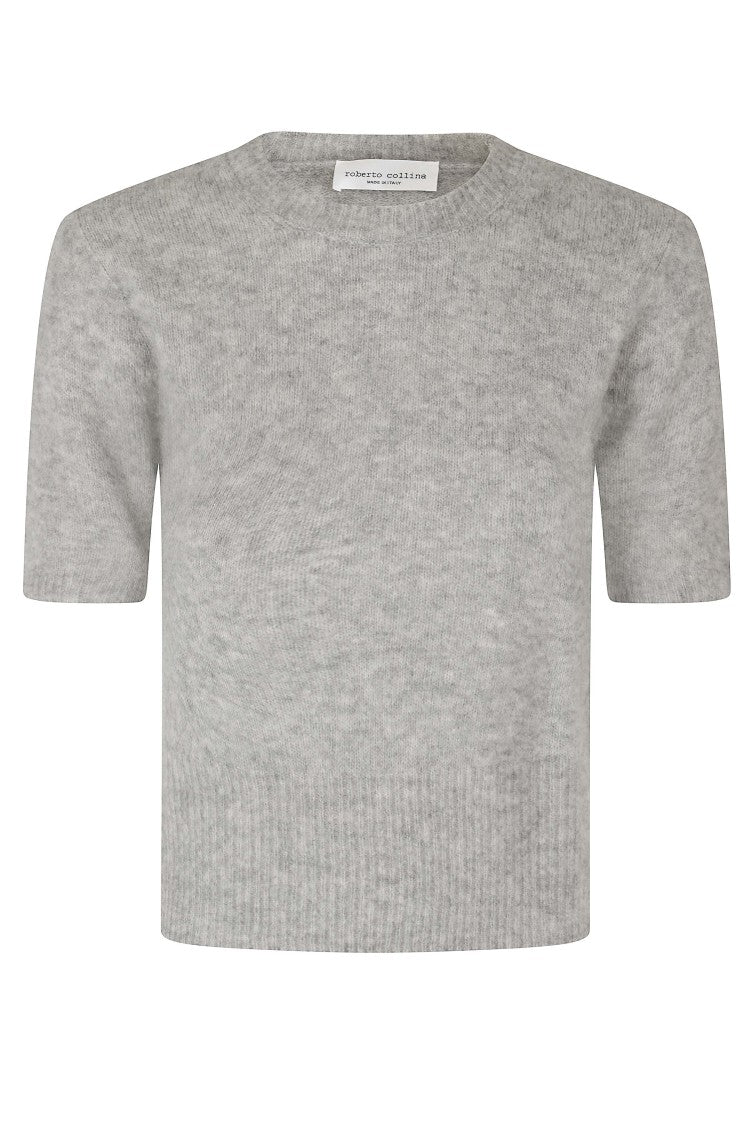 Roberto Collina Grey Cashmere-Silk Crewneck Short-Sleeve Sweater