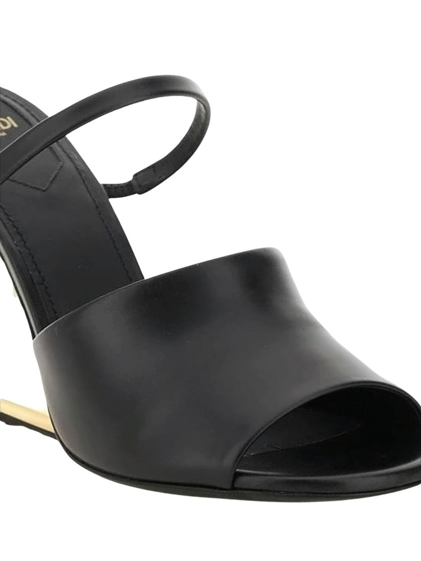 Fendi Sculptural Gold-Heel Black Calf Leather Mules