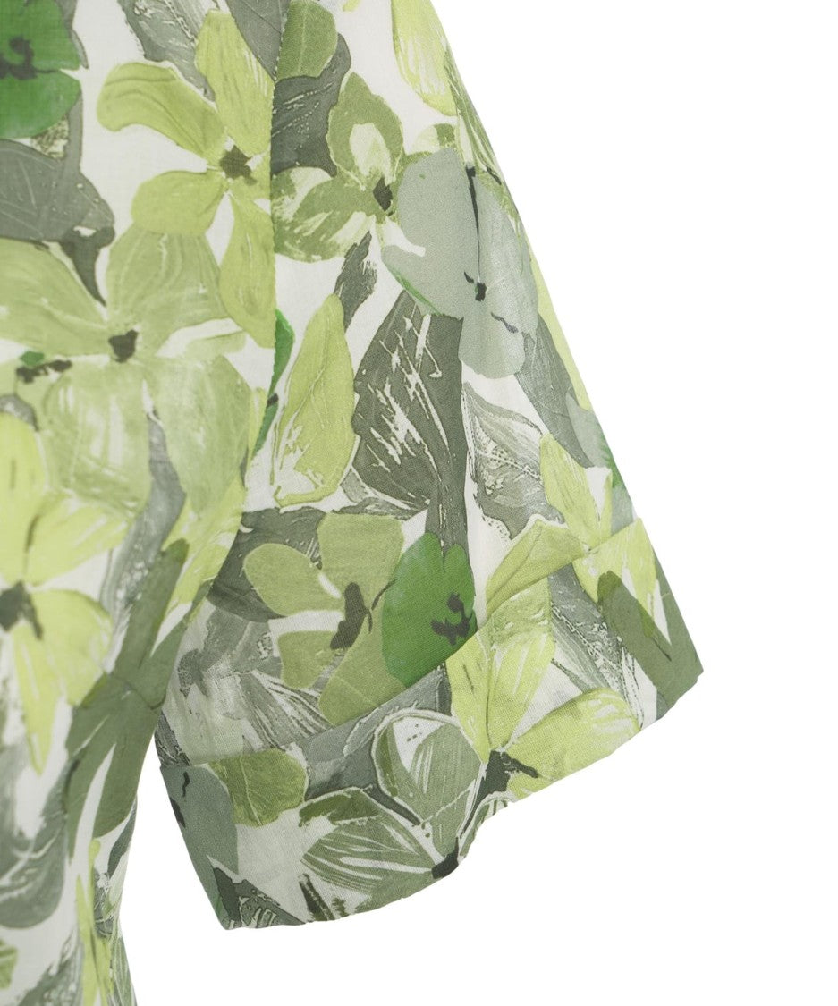 Himons Floral Patterned Green Blouse With Rounded Hem