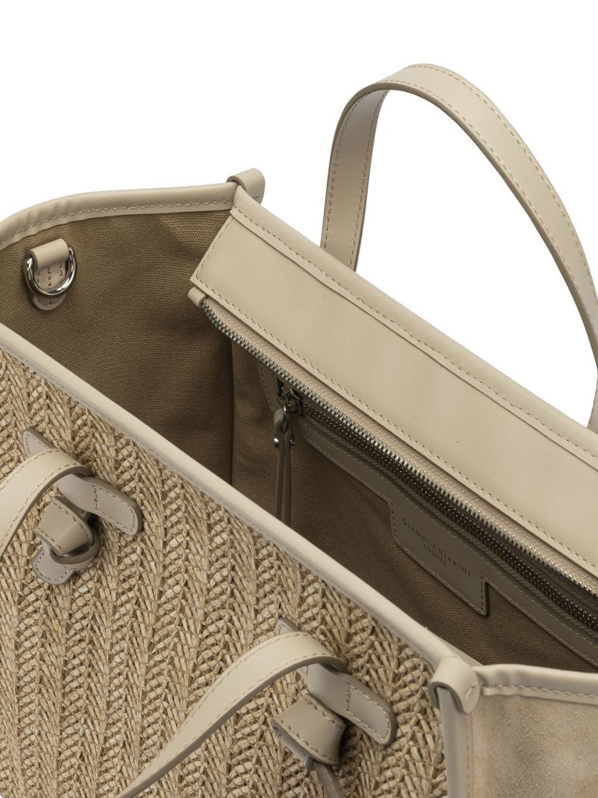 Gianni Chiarini Woven Textured Beige Shoulder Bag With Leather Accents