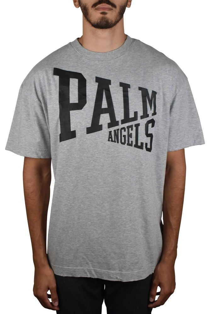 Palm Angels Vintage-Inspired Grey Cotton T-Shirt With Cracked Logo