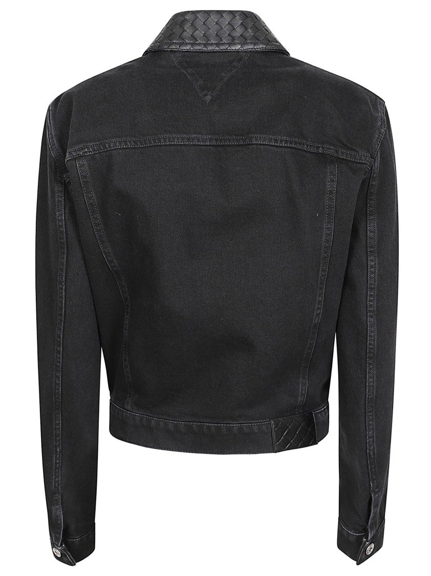 Bottega Veneta Cropped Woven Leather Collar Denim Jacket