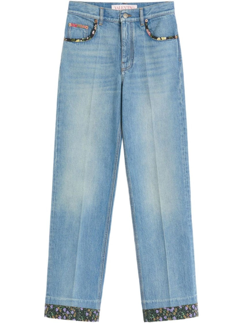 Valentino Garavani Wide-Leg Jeans Crafted With Floral Print Fabric Trim
