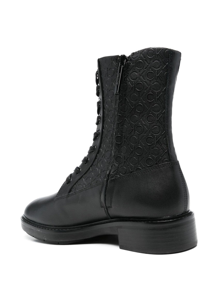 Calvin Klein Black Mono Mix Flat Combat Leather Ankle Boots