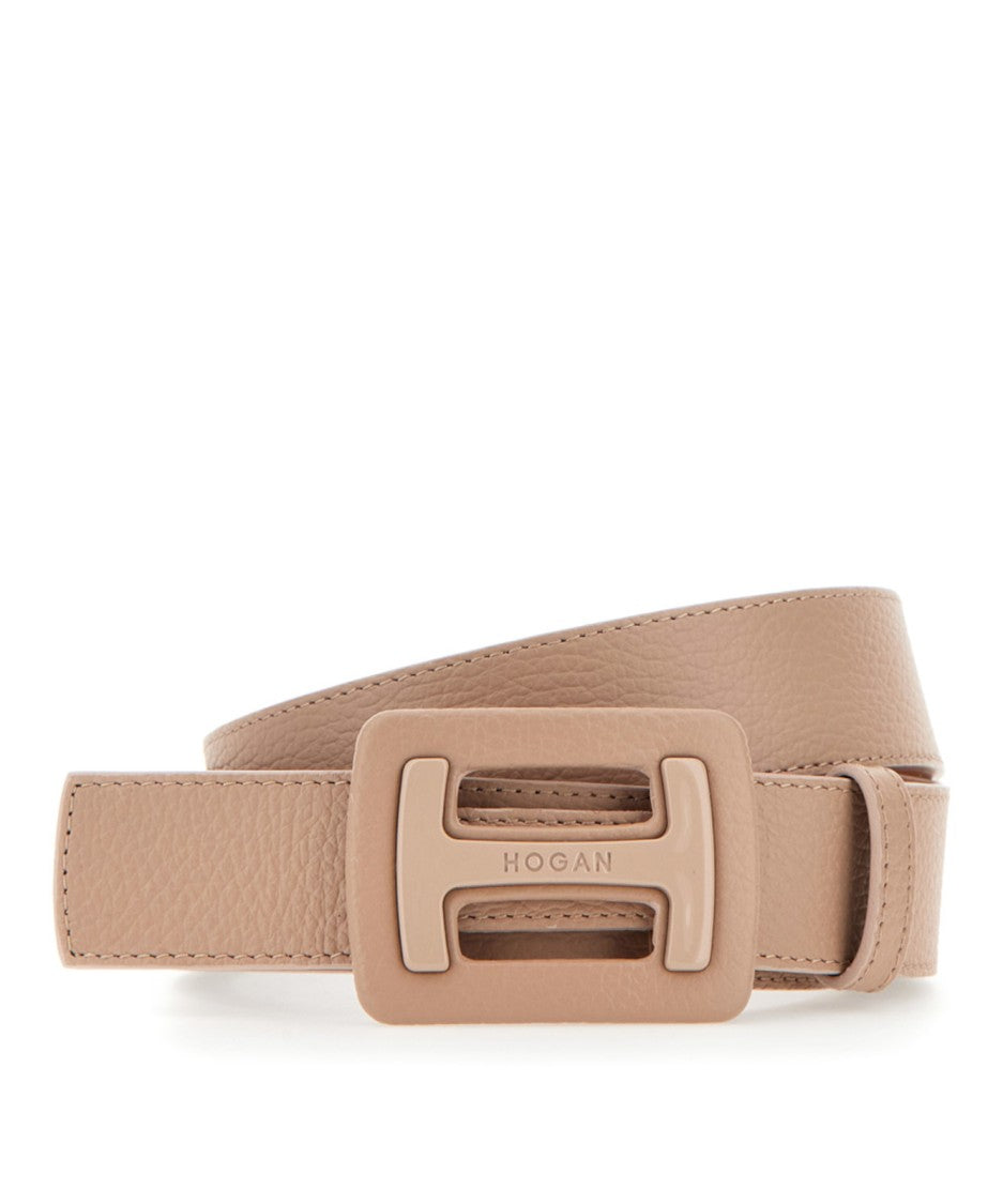 Hogan Matte Beige Belt With Rectangular Buckle