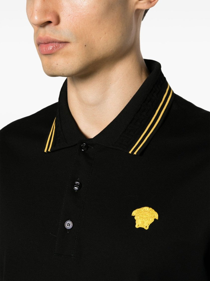 Versace Medusa Head Motif Black Piqué Polo Shirt