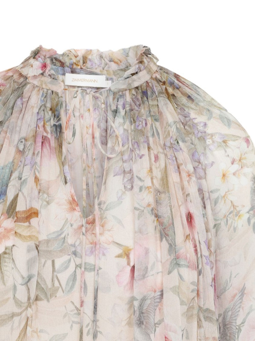 Zimmermann Beige Floral Print Sheer Blouse With Tie Detail