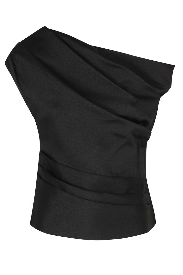 Self-Portrait Black Asymmetrical Draped One-Shoulder Taffeta Top