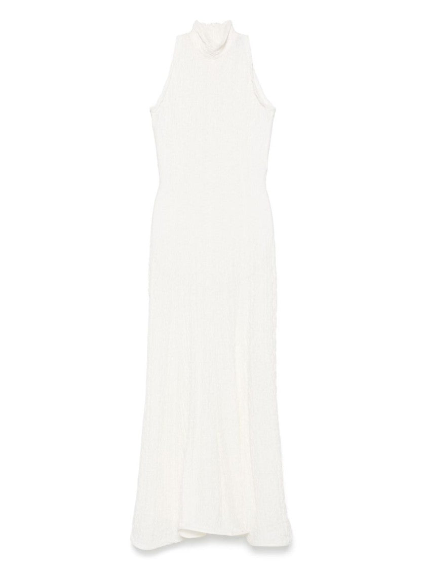 Msgm White Maxi Dress With High Neckline And Fitted Bodice