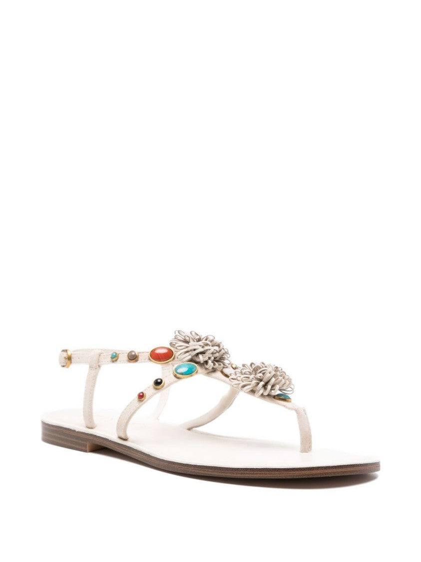 Twin-Set Beige Flower Detail T-Strap Sandals