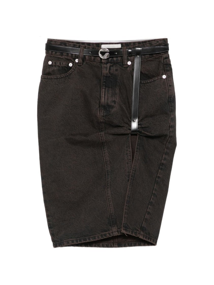 Coperni High-Waisted Front Slit Belted Dark Denim Skirt