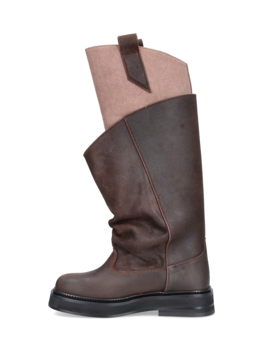The Attico Slouchy Dark Brown Leather Boots With Light Beige Cuff