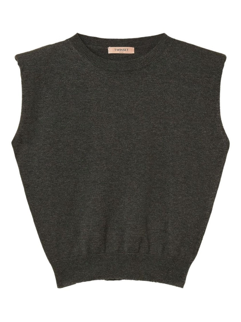 Twin-Set Cropped Sleeveless Knit Vest With Ribbed Detailing