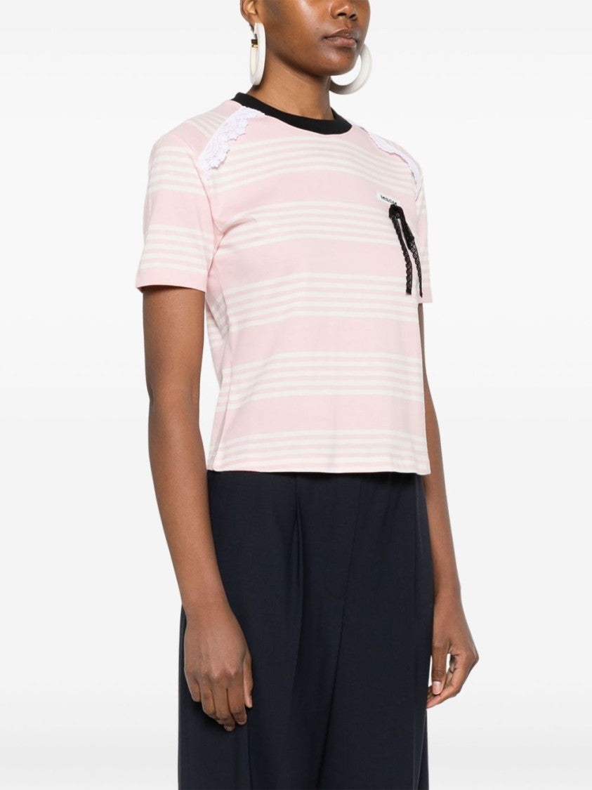 Msgm Soft Pink Striped T-Shirt With Lace Accents