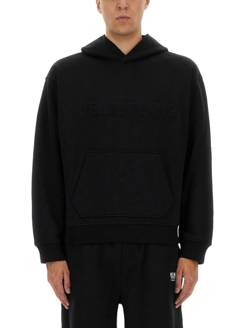 Helmut Lang Black Sweatshirt With Embossed Logo And Kangaroo Pocket