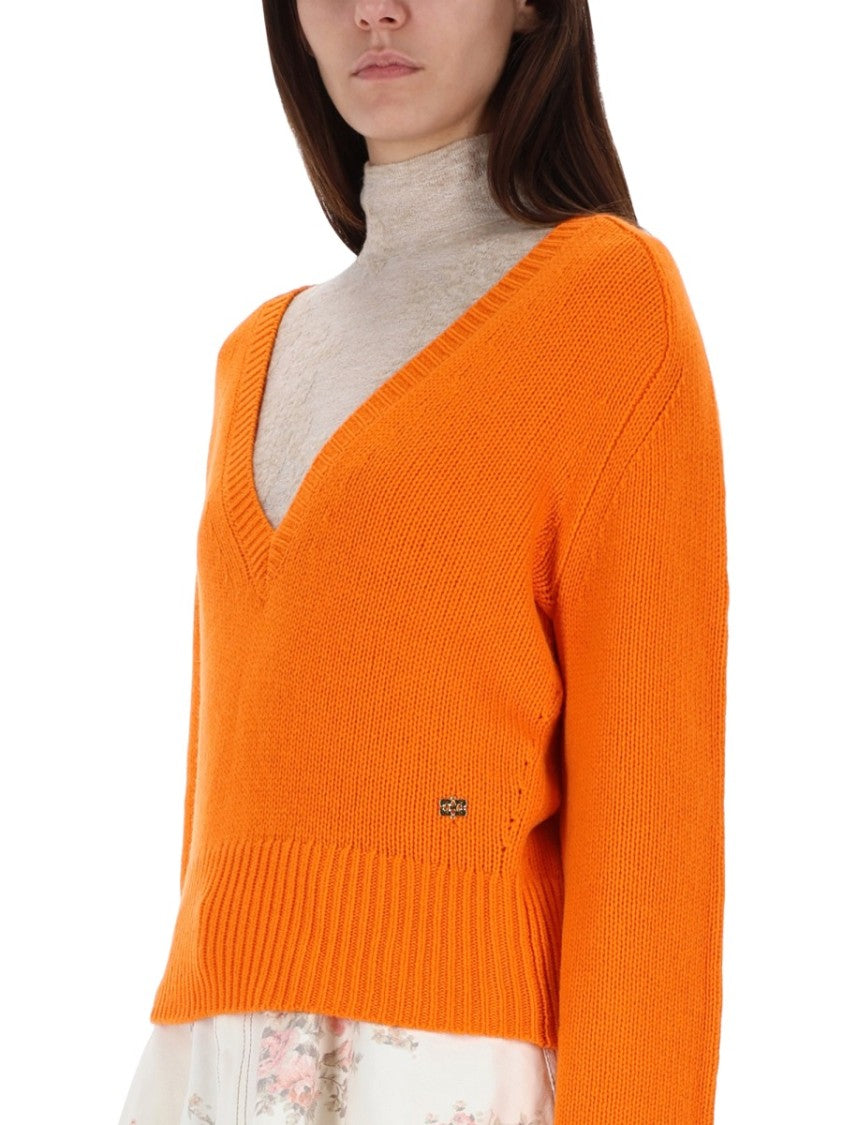 Ganni Orange Cashmere Sweater With Deep V-Neckline