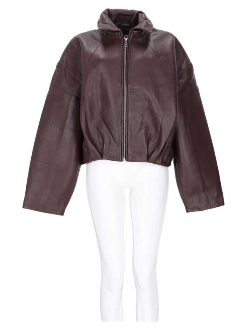 Rotate Cropped Oversized Brown Lamb Leather Jacket