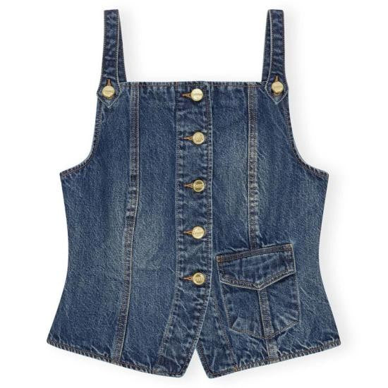 Ganni Sleeveless Denim Top With Square Neckline And Asymmetrical Hem