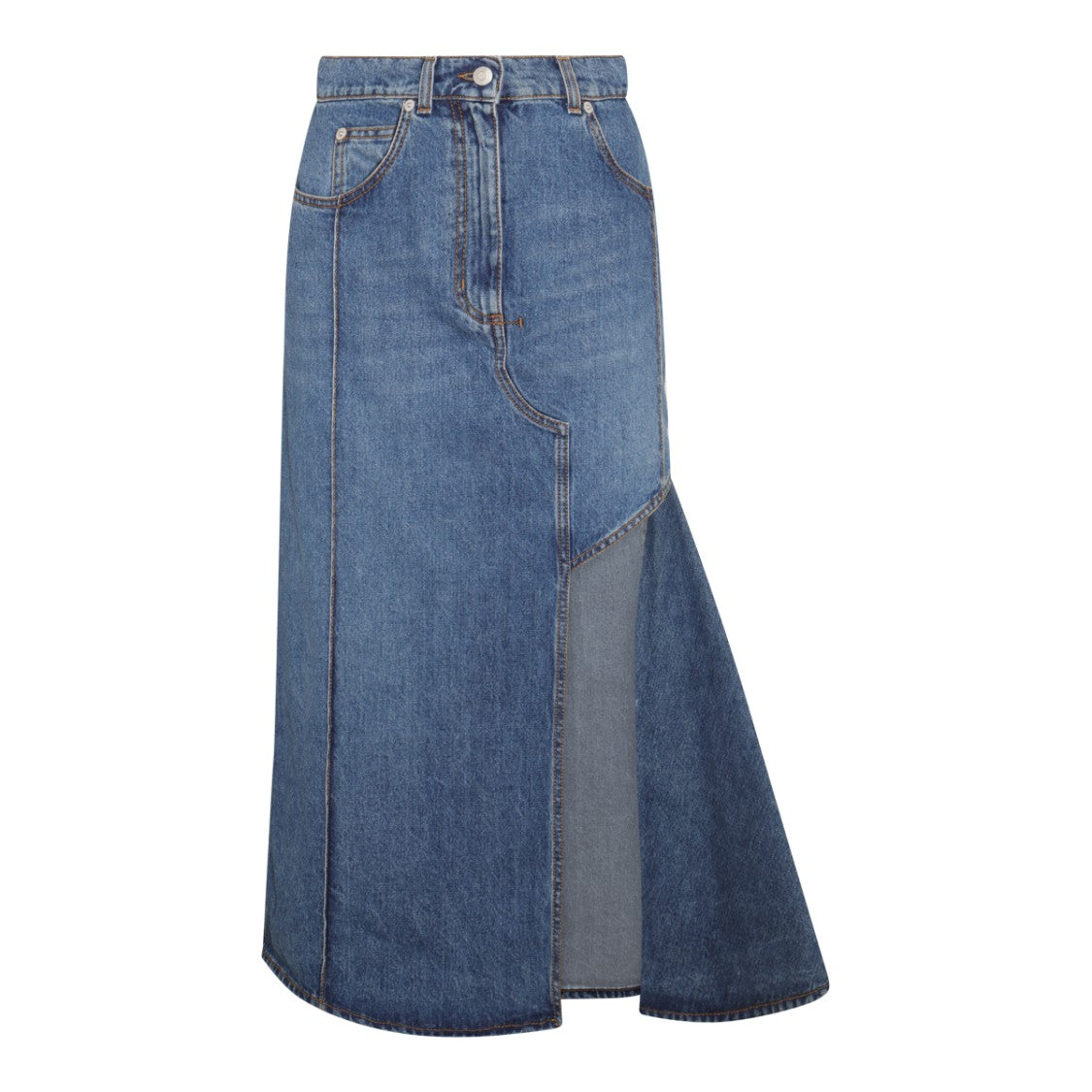 Alexander Mcqueen Blue Cotton Slashed Denim Skirt