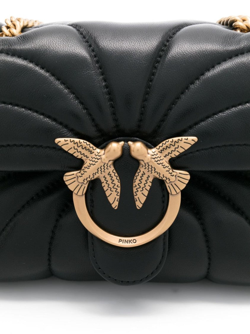 Pinko Black Sheepskin Quilted Foldover Shoulder Bag