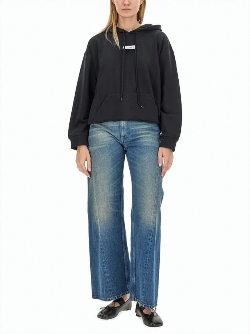 Mm6 By Maison Margiela Cropped Black Hoodie With Drawstring And Modern Aesthetic