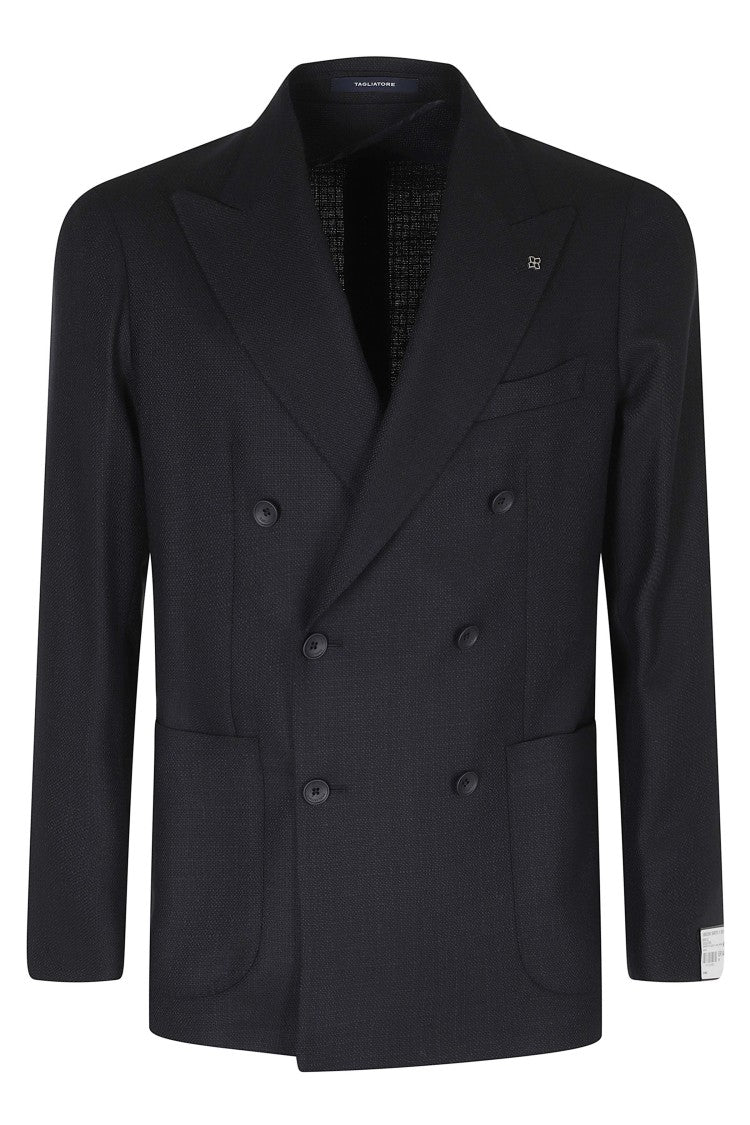 Tagliatore Blue Double-Breasted Textured Wool-Blend Blazer