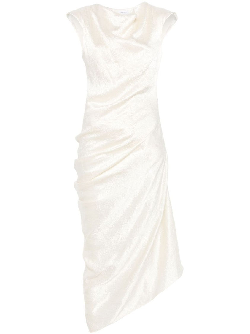 Alexander Mcqueen Asymmetric Draped Midi Dress In Oyster White Satin
