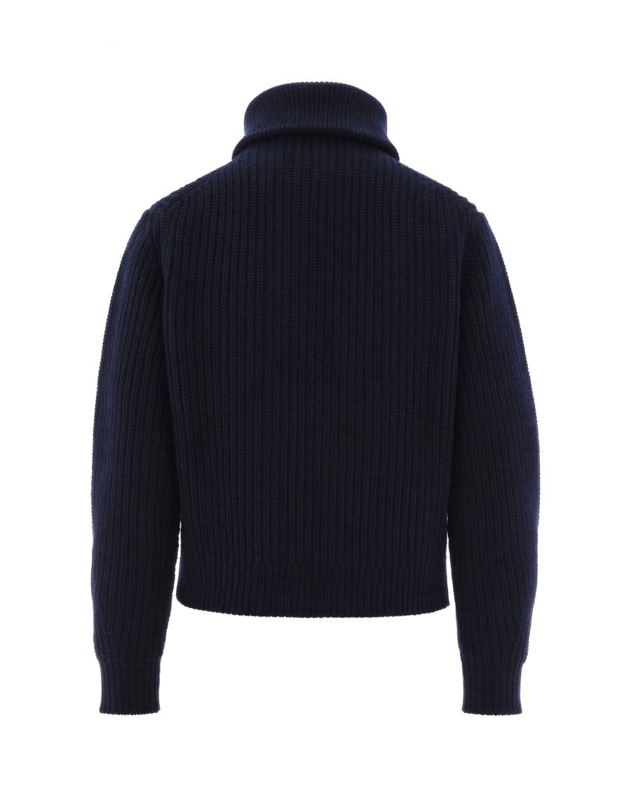 Max Mara Navy Blue Ribbed Virgin Wool High-Neck Half-Zip Sweater