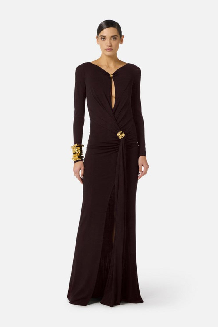 Elisabetta Franchi Brown Keyhole Cutout Draped Jewel Clasp Viscose-Blend Dress