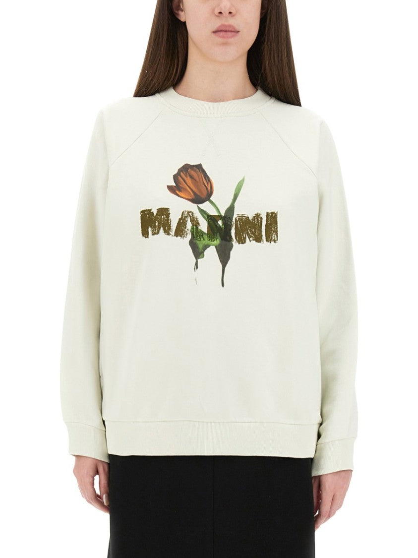 Marni White Cotton Sweatshirt With Tulip Print
