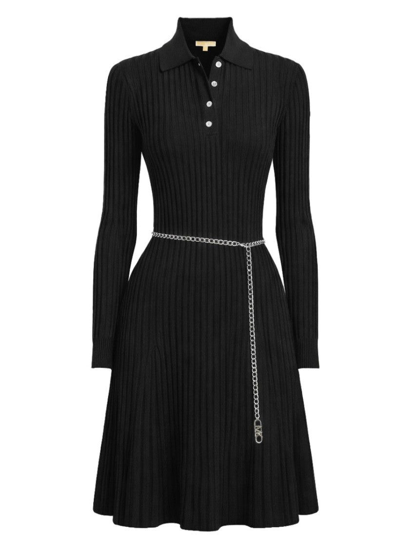 Michael Michael Kors Neutrals Ribbed Polo Collar Chain Belt Mini Dress