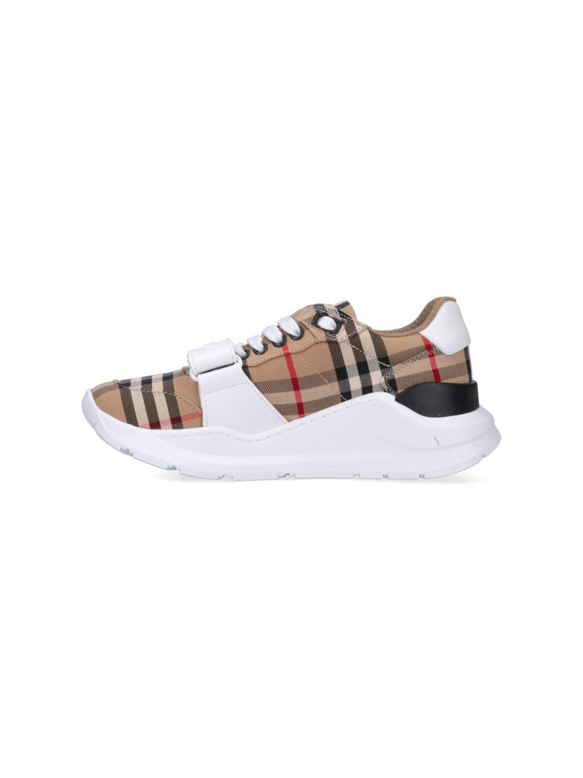 Burberry Beige Check Low-Top Sneakers With Logo Strap