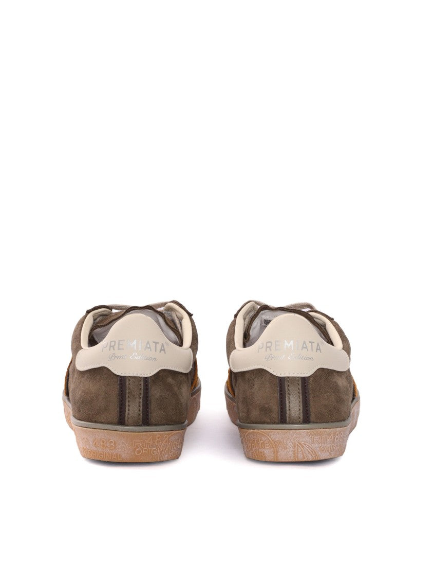 Premiata White Steven Olive Green Calf Leather Low-Top Sneakers