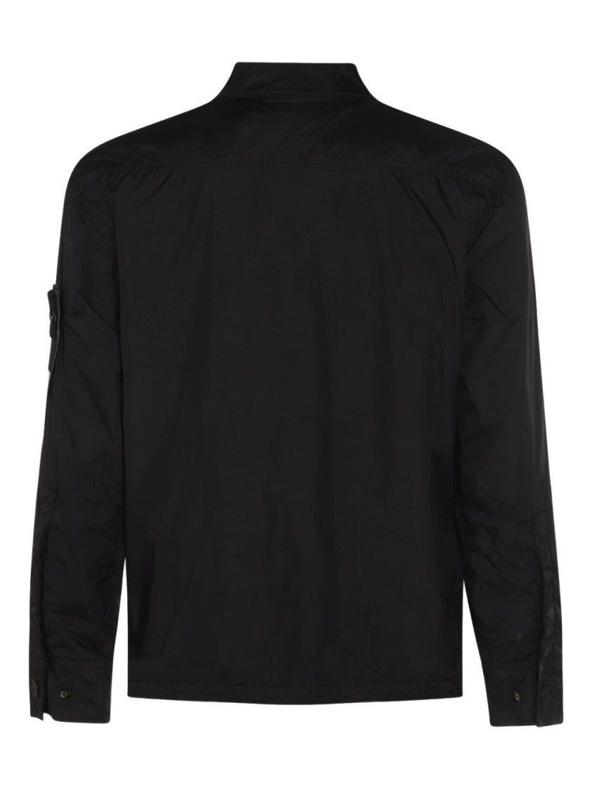 Stone Island Black Nylon Jacket With Shirt Collar And Logo Badge